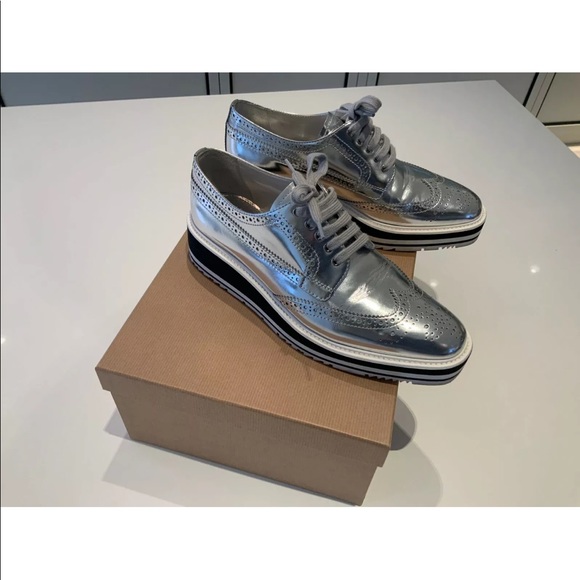 Prada Silver Leather wing-tip Derby  38.5 - Picture 1 of 7